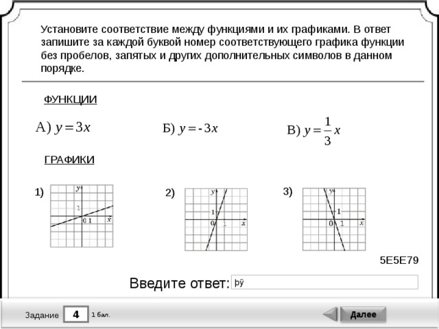 Укажите соответствие между функциями и их графиками