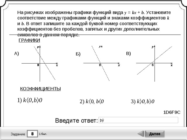 На рисунке изображен график функции y kx b установите