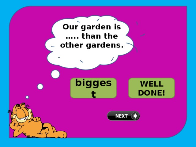 Our garden is ….. than the other gardens. TRY AGAIN! biggest bigger WELL DONE! 