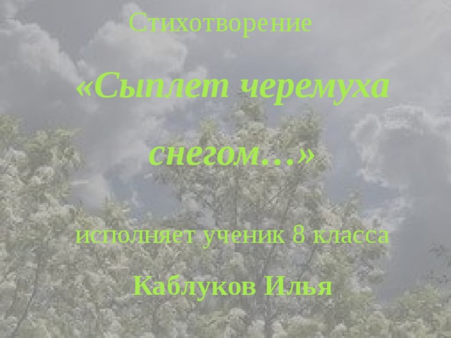 Стихотворение  «Сыплет черемуха снегом…»    исполняет ученик 8 класса Каблуков Илья 