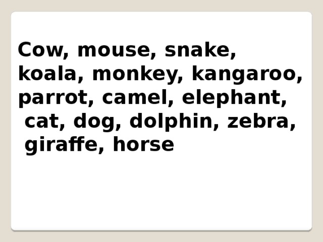 Cow, mouse, snake, koala, monkey, kangaroo, parrot, camel, elephant,  cat, dog, dolphin, zebra,  giraffe, horse 