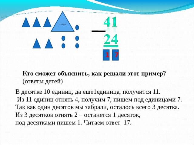 ……… .   1 7 Кто сможет объяснить, как решали этот пример? (ответы детей) В десятке 10 единиц, да ещё1единица, получится 11.  Из 11 единиц отнять 4, получим 7, пишем под единицами 7. Так как один десяток мы забрали, осталось всего 3 десятка. Из 3 десятков отнять 2 – останется 1 десяток, под десятками пишем 1. Читаем ответ 17. 