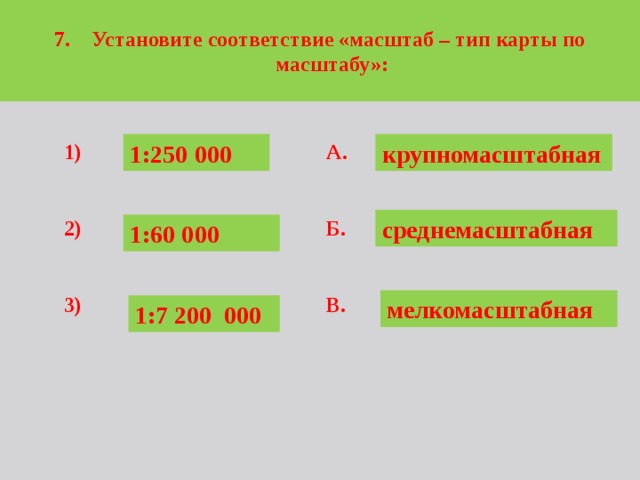  7. Установите соответствие «масштаб – тип карты по масштабу»:  А. крупномасштабная 1:250 000 1)     Б. 2)     3) В.   среднемасштабная 1:60 000 мелкомасштабная 1:7 200 000 