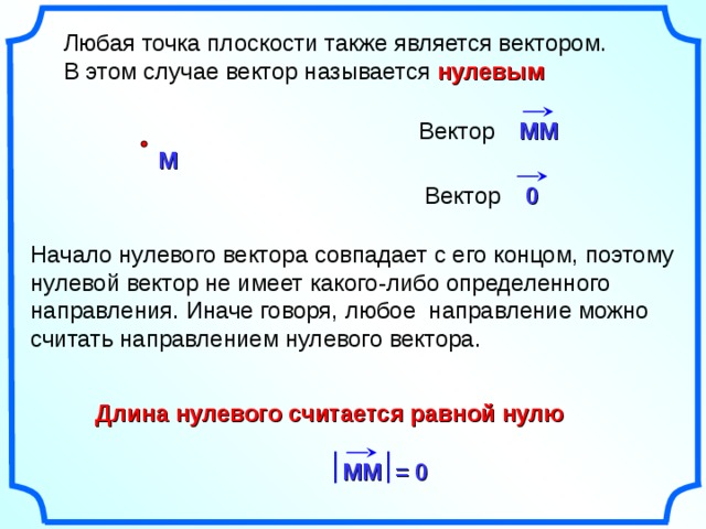  Любая точка плоскости также является вектором.  В этом случае вектор называется нулевым MM Вектор M 0 Вектор Начало нулевого вектора совпадает с его концом, поэтому нулевой вектор не имеет какого-либо определенного направления. Иначе говоря, любое направление можно считать направлением нулевого вектора. «Геометрия 7-9» Л.С. Атанасян и др. Длина нулевого считается равной нулю MM = 0 3 