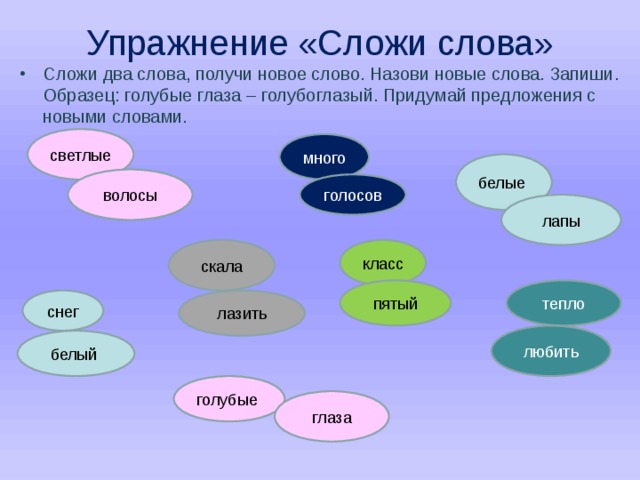 Упражнение «Сложи слова» Сложи два слова, получи новое слово. Назови новые слова. Запиши. Образец: голубые глаза – голубоглазый. Придумай предложения с новыми словами. светлые много белые  волосы голосов лапы скала класс тепло пятый снег лазить любить белый голубые глаза 