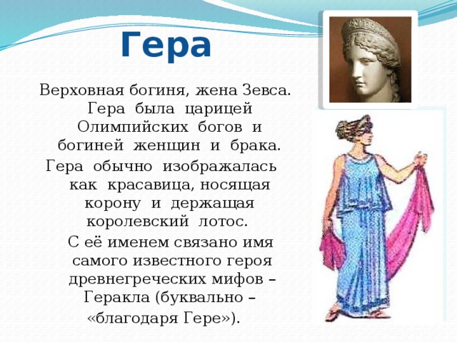 Гера  Верховная богиня, жена Зевса. Гера была царицей Олимпийских богов и богиней женщин и брака. Гера обычно изображалась как красавица, носящая корону и держащая королевский лотос.  С её именем связано имя самого известного героя древнегреческих мифов – Геракла (буквально – «благодаря Гере»). 