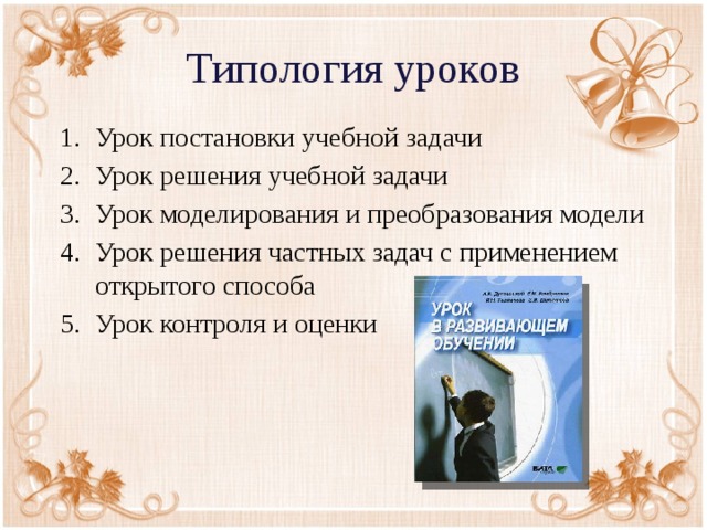 Типология уроков Урок постановки учебной задачи Урок решения учебной задачи Урок моделирования и преобразования модели Урок решения частных задач с применением открытого способа Урок контроля и оценки 