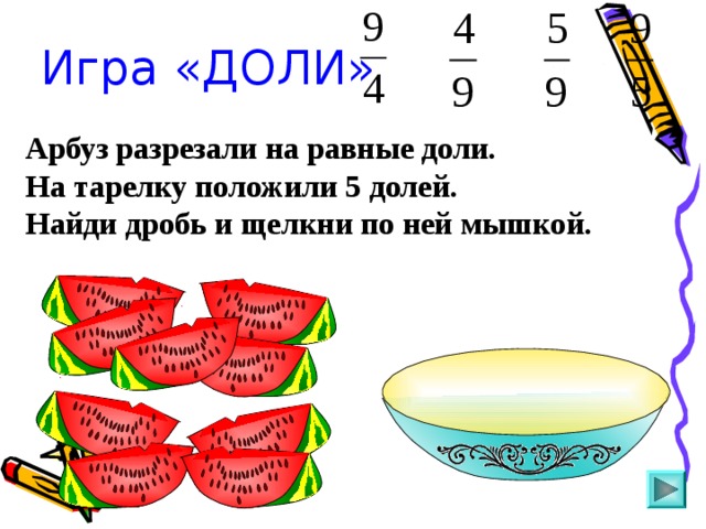 Положи 5. Равные доли. Доли доли игры. Игра доли и дроби. Арбуз разрезали на равные доли. На тарелку положили 5 долей..