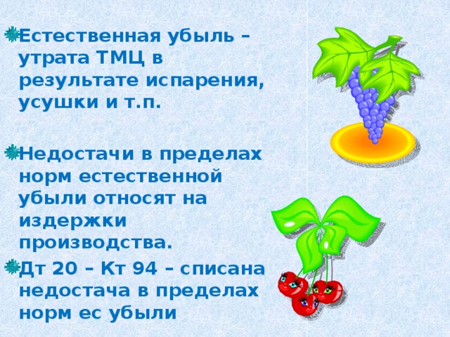 Естественная убыль – утрата ТМЦ в результате испарения, усушки и т.п.  Недостачи в пределах норм естественной убыли относят на издержки производства. Дт 20 – Кт 94 – списана недостача в пределах норм ес убыли  