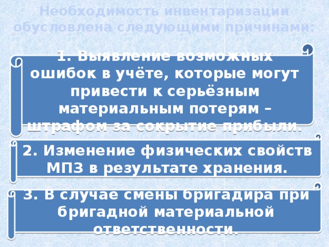 Необходимость инвентаризации обусловлена следующими причинами: 1. Выявление возможных ошибок в учёте, которые могут привести к серьёзным материальным потерям – штрафом за сокрытие прибыли. 2. Изменение физических свойств МПЗ в результате хранения. 3. В случае смены бригадира при бригадной материальной ответственности. 