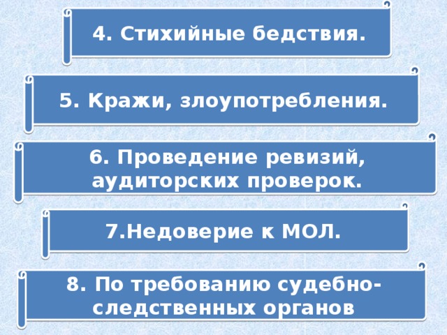 4. Стихийные бедствия. 5. Кражи, злоупотребления. 6. Проведение ревизий, аудиторских проверок. 7.Недоверие к МОЛ. 8. По требованию судебно-следственных органов 