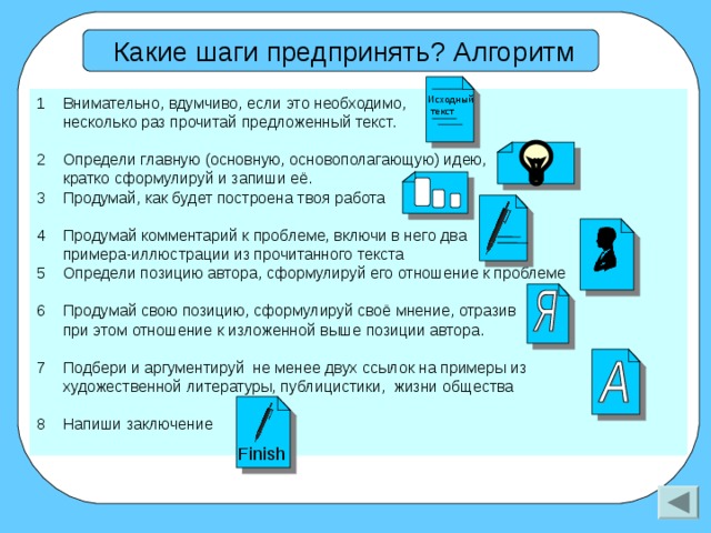 Какие шаги предпринять? Алгоритм Исходный  текст 1 Внимательно, вдумчиво, если это необходимо,  несколько раз прочитай предложенный текст. 2 Определи главную (основную, основополагающую) идею,  кратко сформулируй и запиши её. 3 Продумай, как будет построена твоя работа Продумай комментарий к проблеме, включи в него два  примера-иллюстрации из прочитанного текста 5 Определи позицию автора, сформулируй его отношение к проблеме Продумай свою позицию, сформулируй своё мнение, отразив  при этом отношение к изложенной выше позиции автора. 7 Подбери и аргументируй не менее двух ссылок на примеры из  художественной литературы, публицистики, жизни общества 8 Напиши заключение Finish 