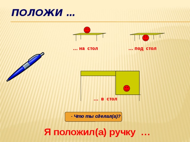 Изложите изученное подробно положите ручки. Положи на стол. Класть или ложить на стол. Положить на стол. Кладите на стол.