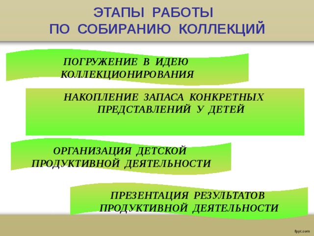 ЭТАПЫ РАБОТЫ  ПО СОБИРАНИЮ КОЛЛЕКЦИЙ ПОГРУЖЕНИЕ В ИДЕЮ КОЛЛЕКЦИОНИРОВАНИЯ НАКОПЛЕНИЕ ЗАПАСА КОНКРЕТНЫХ ПРЕДСТАВЛЕНИЙ У ДЕТЕЙ ОРГАНИЗАЦИЯ ДЕТСКОЙ ПРОДУКТИВНОЙ ДЕЯТЕЛЬНОСТИ ПРЕЗЕНТАЦИЯ РЕЗУЛЬТАТОВ ПРОДУКТИВНОЙ ДЕЯТЕЛЬНОСТИ 