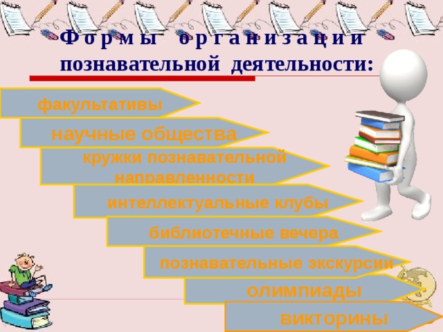      Ф о р м ы о р г а н и з а ц и и     познавательной   деятельности: факультативы         научные общества кружки познавательной направленности интеллектуальные клубы библиотечные вечера познавательные экскурсии олимпиады викторины 