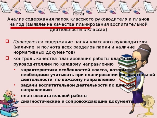 II этап  Анализ содержания папок классного руководителя и планов на год (выявление качества планирования воспитательной деятельности в классах) Проверяется содержание папки классного руководителя (наличие и полнота всех разделов папки и наличие нормативных документов) контроль качества планирования работы классными руководителями по каждому направлению характеристика особенностей класса, которые необходимо учитывать при планировании воспитательной деятельности по каждому направлению задачи воспитательной деятельности по данному направлению план воспитательной работы диагностические и сопровождающие документы характеристика особенностей класса, которые необходимо учитывать при планировании воспитательной деятельности по каждому направлению задачи воспитательной деятельности по данному направлению план воспитательной работы диагностические и сопровождающие документы 