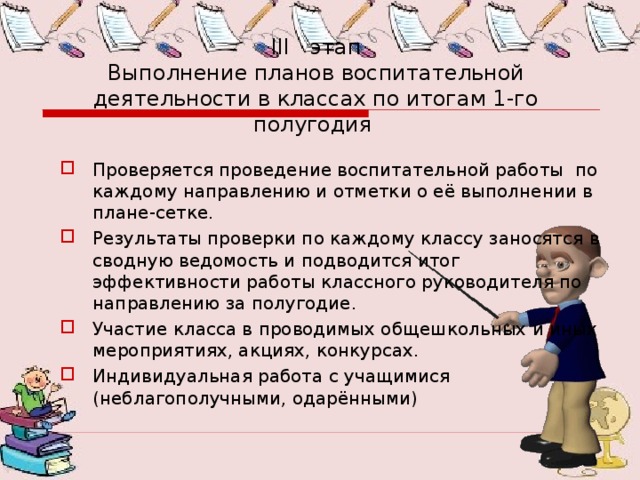 III этап  Выполнение планов воспитательной деятельности в классах по итогам 1-го полугодия Проверяется проведение воспитательной работы по каждому направлению и отметки о её выполнении в плане-сетке. Результаты проверки по каждому классу заносятся в сводную ведомость и подводится итог эффективности работы классного руководителя по направлению за полугодие. Участие класса в проводимых общешкольных и иных мероприятиях, акциях, конкурсах. Индивидуальная работа с учащимися (неблагополучными, одарёнными) 