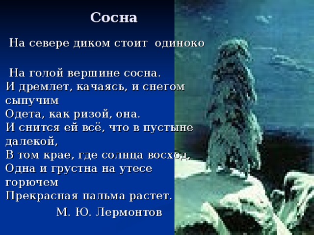 На севере диком стоит одиноко. И дремлет качаясь и снегом сыпучим одета как ризой. Сосна которая одета как ризой. Одета как ризой она.