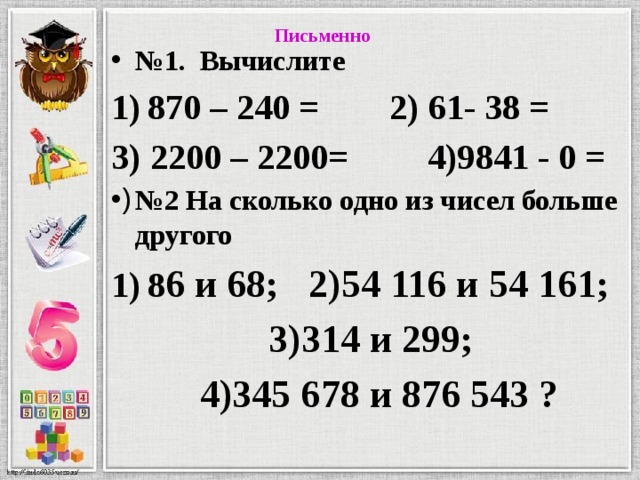  Письменно № 1. Вычислите 870 – 240 = 2) 61- 38 = 3) 2200 – 2200= 4)9841 - 0 = № 2 На сколько одно из чисел больше другого 8 6 и 68; 2)54 116 и 54 161;  3)314 и 299;  4)345 678 и 876 543 ?  