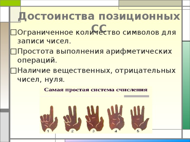 Достоинства позиционных СС Ограниченное количество символов для записи чисел. Простота выполнения арифметических операций. Наличие вещественных, отрицательных чисел, нуля. 