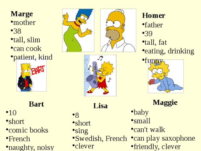 Marge mother 38 tall, slim can cook patient, kind Homer father 39 tall, fat eating, drinking funny Maggie baby small can't walk can play saxophone friendly, clever Bart 10 short comic books French naughty, noisy Lisa 8 short sing Swedish, French clever  