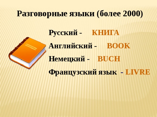 Разговорные языки (более 2000) Русский - КНИГА Английский - BOOK Немецкий - BUCH  Французский язык - LIVRE 