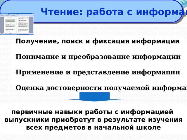  Чтение: работа с информацией Получение, поиск и фиксация информации  Понимание и преобразование информации  Применение и представление информации  Оценка достоверности получаемой информации первичные навыки работы с информацией выпускники приобретут в результате изучения всех предметов в начальной школе 