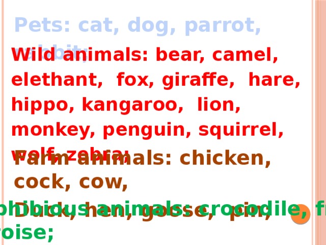 Pets: cat, dog, parrot, rabbit; Wild animals: bear, camel, elethant, fox, giraffe, hare, hippo, kangaroo, lion, monkey, penguin, squirrel, wolf, zebra; Farm animals: chicken, cock, cow, Duck, hen, goose, pin; Amphibious animals: crocodile, frog, Tortoise;
