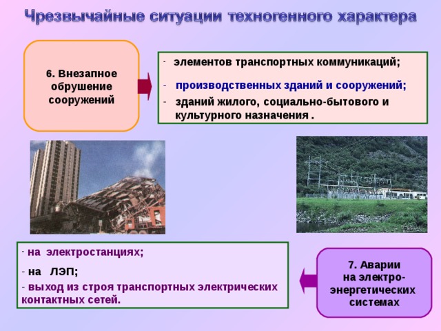 6. Внезапное обрушение сооружений  элементов транспортных коммуникаций;   производственных зданий и сооружений;  зданий жилого, социально-бытового и  культурного назначения .  на электростанциях;  на ЛЭП;  выход из строя транспортных электрических контактных сетей. 7. Аварии на электро- энергетических системах 