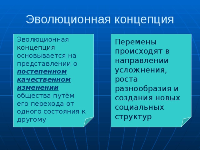 Эволюционная концепция Эволюционная концепция основывается на представлении о постепенном качественном изменении общества путём его перехода от одного состояния к другому Перемены происходят в направлении усложнения, роста разнообразия и создания новых социальных структур 