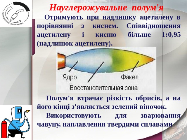 Науглерожувальне полум'я Отримують при надлишку ацетилену в порівнянні з киснем. Співвідношення ацетилену і кисню більше 1:0,95 (надлишок ацетилену).  Полум'я втрачає різкість обрисів, а на його кінці з'являється зелений віночок. Використовують для зварювання чавуну, наплавлення твердими сплавами 