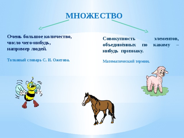 МНОЖЕСТВО Очень большое количество, число чего-нибудь, например людей.  Толковый словарь С. И. Ожегова.  Совокупность элементов, объединённых по какому –нибудь признаку.  Математический термин.  