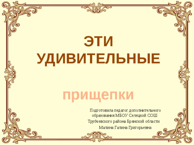 ЭТИ УДИВИТЕЛЬНЫЕ  прищепки Подготовила педагог дополнительного образования МБОУ Селецкой СОШ Трубчевского района Брянской области Малина Галина Григорьевна 