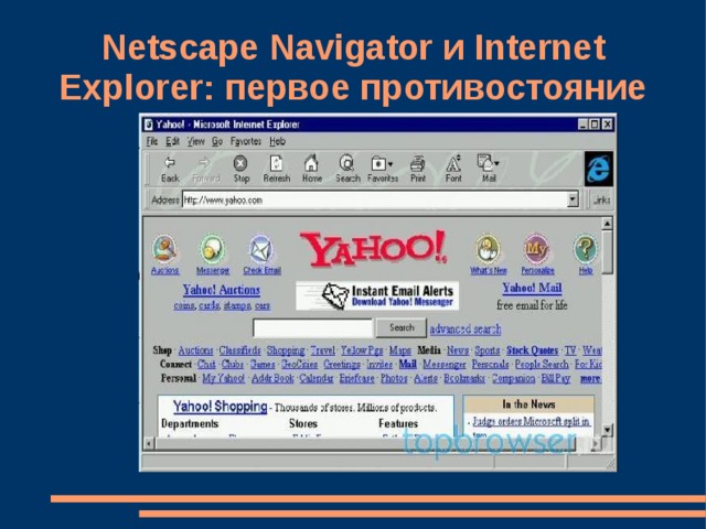 Netscape Navigator и Internet Explorer: первое противостояние Netscape Navigator стал чрезвычайно популярен. Компания стала получать большую прибыль и постепенно росла, вкладывая все больше средств в разработку браузера. Успех Netscape Navigator и подтолкнул Microsoft выпустить свой Internet Explorer. Какое-то время браузеры конкурировали честно, пока все падающая доля Internet Explorer не заставила Microsoft прибегнуть к иным методам завоевания рынка — включение в Win95. Это был Internet Explorer 3.0. Netscape Navigator стал стремительно терять популярность, поскольку пользователи Windows не искали другого браузера, вместо встроенного. Поэтому, вместе с ростом популярности Windows, росла популярность Internet Explorer. . 