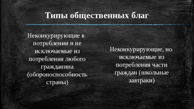 Типы общественных благ  Неконкурирующие в потреблении и не исключаемые из потребления любого гражданина (обороноспособность страны)  Неконкурирующие, но исключаемые из потребления части граждан (школьные завтраки) 