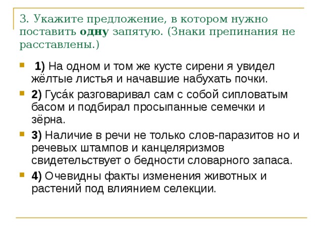 3. Укажите предложение, в котором нужно поставить  одну  запятую. (Знаки препинания не расставлены.)   1)  На одном и том же кусте сирени я увидел жёлтые листья и начавшие набухать почки.    2)  Гусáк разговаривал сам с собой сипловатым басом и подбирал просыпанные семечки и зёрна.    3)  Наличие в речи не только слов-паразитов но и речевых штампов и канцеляризмов свидетельствует о бедности словарного запаса.    4)  Очевидны факты изменения животных и растений под влиянием селекции. 