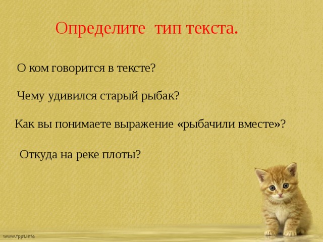 Определите тип текста. О ком говорится в тексте? Чему удивился старый рыбак? Как вы понимаете выражение «рыбачили вместе»? Откуда на реке плоты? 