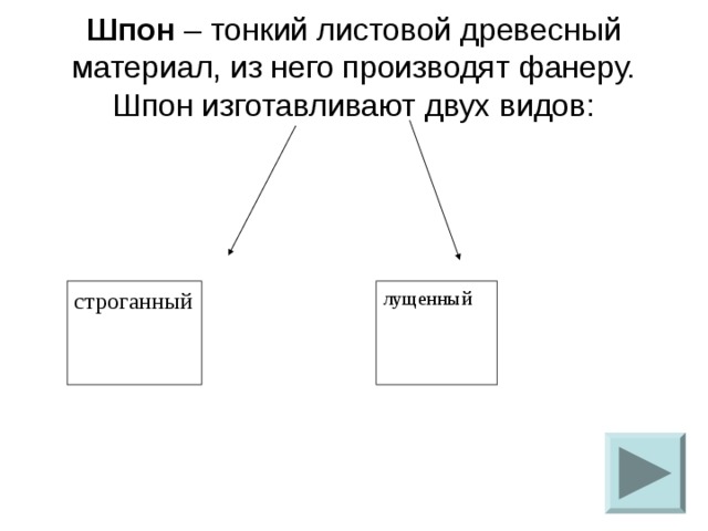 Шпон – тонкий листовой древесный материал, из него производят фанеру.  Шпон изготавливают двух видов: лущенный строганный 