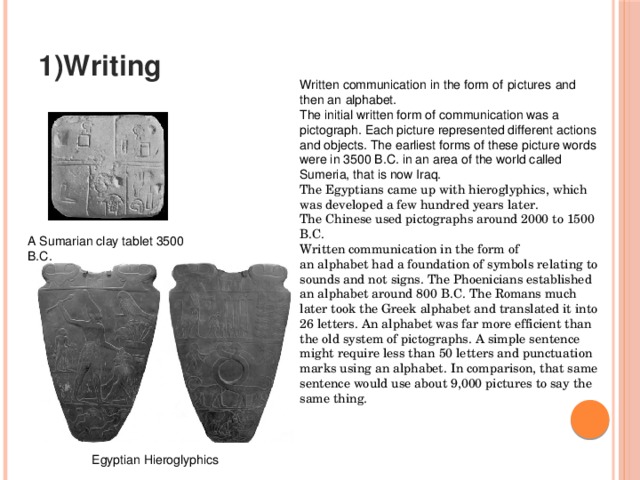 1)Writing   Written communication in the form of   pictures   and then an   alphabet. The initial written form of communication was a pictograph. Each picture represented different actions and objects. The earliest forms of these picture words were in 3500 B.C. in an area of the world called Sumeria, that is now Iraq. The Egyptians came up with hieroglyphics, which was developed a few hundred years later. The Chinese used pictographs around 2000 to 1500 B.C. Written communication in the form of an alphabet had a foundation of symbols relating to sounds and not signs. The Phoenicians established an alphabet around 800 B.C. The Romans much later took the Greek alphabet and translated it into 26 letters. An alphabet was far more efficient than the old system of pictographs. A simple sentence might require less than 50 letters and punctuation marks using an alphabet. In comparison, that same sentence would use about 9,000 pictures to say the same thing.   A Sumarian clay tablet 3500 B.C. Egyptian Hieroglyphics 
