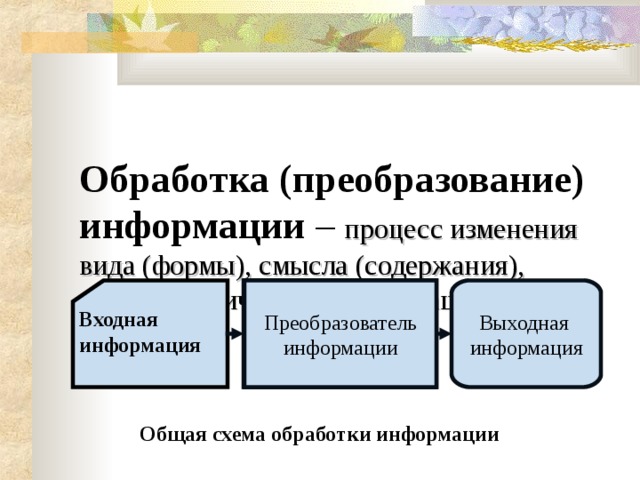 Обработка (преобразование) информации – процесс изменения вида (формы), смысла (содержания), объема (количества) информации. Преобразователь информации Преобразователь информации Выходная информация Преобразователь информации Выходная информация Входная информация Общая схема обработки информации 