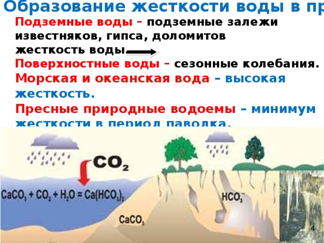 Образование жесткости воды в природе  Подземные воды – подземные залежи известняков, гипса, доломитов жесткость воды. Поверхностные воды – сезонные колебания. Морская и океанская вода – высокая жесткость. Пресные природные водоемы – минимум жесткости в период паводка.  4 