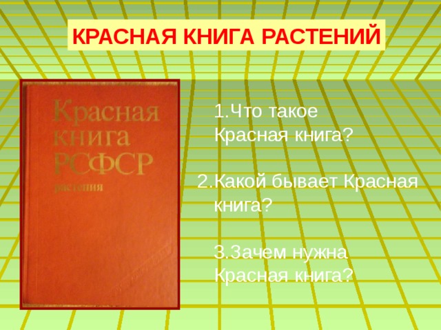 КРАСНАЯ КНИГА РАСТЕНИЙ  1.Что такое  Красная книга? 2.Какой бывает Красная книга?  3.Зачем нужна Красная книга? 