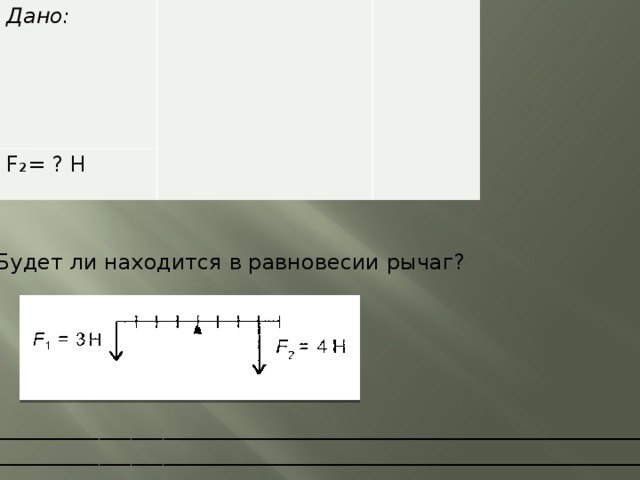 Будет ли находиться в равновесии рычаг. Рычаг f1=3h находиться в равновесие с f2=4h. Будет ли находиться в равновесии.