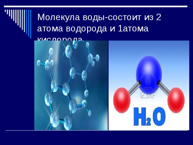 Молекула воды-состоит из 2 атома водорода и 1атома кислорода . 