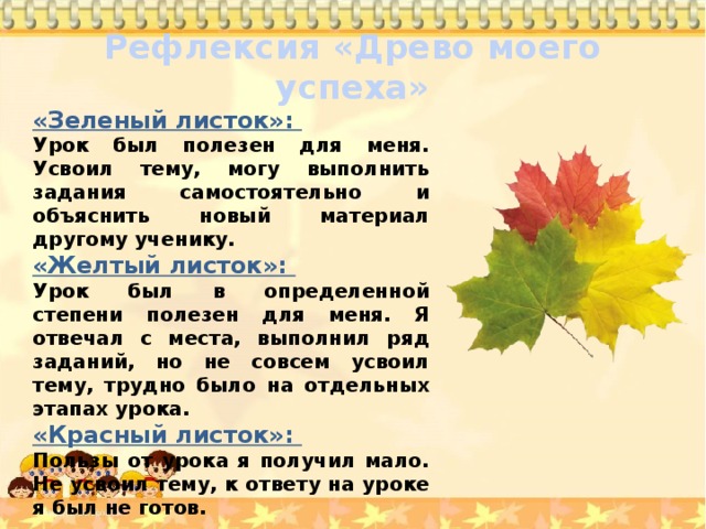 Рефлексия «Древо моего успеха» «Зеленый листок»: Урок был полезен для меня. Усвоил тему, могу выполнить задания самостоятельно и объяснить новый материал другому ученику. «Желтый листок»: Урок был в определенной степени полезен для меня. Я отвечал с места, выполнил ряд заданий, но не совсем усвоил тему, трудно было на отдельных этапах урока.  «Красный листок»: Пользы от урока я получил мало. Не усвоил тему, к ответу на уроке я был не готов.