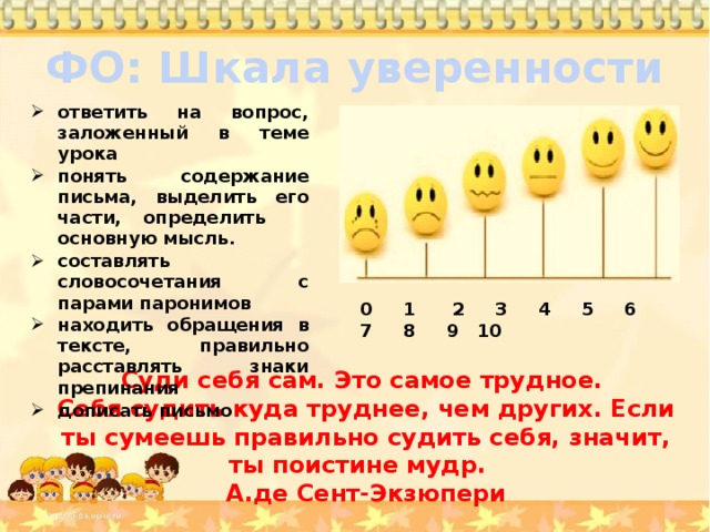 ФО: Шкала уверенности ответить на вопрос, заложенный в теме урока понять содержание письма, выделить его части, определить основную мысль. составлять словосочетания с парами паронимов находить обращения в тексте, правильно расставлять знаки препинания дописать письмо 0 1 2 3 4 5 6 7 8 9 10 Суди себя сам. Это самое трудное. Себя судить куда труднее, чем других. Если ты сумеешь правильно судить себя, значит, ты поистине мудр. А.де Сент-Экзюпери