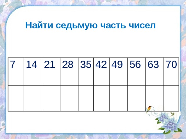 Найдите 42 56. Седьмая часть числа. Части числа. Как найти седьмую часть. Вычисли 7 часть числа 21.