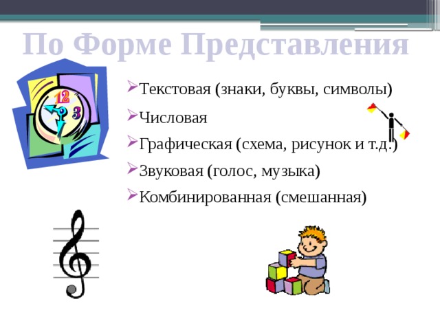 По Форме Представления Текстовая (знаки, буквы, символы) Числовая Графическая (схема, рисунок и т.д.) Звуковая (голос, музыка) Комбинированная (смешанная) 