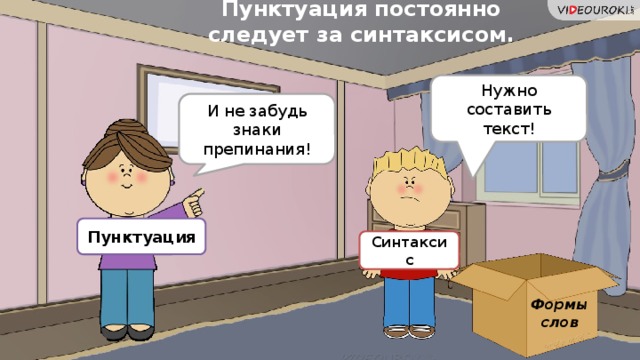 Пунктуация постоянно следует за синтаксисом. Нужно составить текст! И не забудь знаки препинания! Пунктуация Синтаксис Формы слов 12