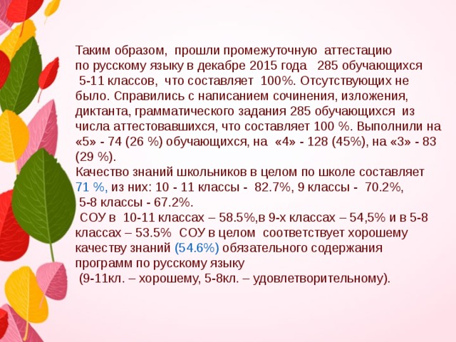    Таким образом,  прошли промежуточную аттестацию по русскому языку в декабре 2015 года 285 обучающихся  5-11 классов, что составляет 100%. Отсутствующих не было. Справились с написанием сочинения, изложения, диктанта, грамматического задания 285 обучающихся из числа аттестовавшихся, что составляет 100 %. Выполнили на «5» - 74 (26 %) обучающихся, на «4» - 128 (45%), на «3» - 83 (29 %). Качество знаний школьников в целом по школе составляет 71 %, из них: 10 - 11 классы - 82.7%, 9 классы - 70.2%,  5-8 классы - 67.2%.  СОУ в 10-11 классах – 58.5%,в 9-х классах – 54,5% и в 5-8 классах – 53.5% СОУ в целом соответствует хорошему качеству знаний (54.6%) обязательного содержания программ по русскому языку  (9-11кл. – хорошему, 5-8кл. – удовлетворительному). 